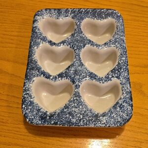 Salt Glaze Spongeware Heart Shaped Muffin Art Pottery Pan Aprox 8"x11"